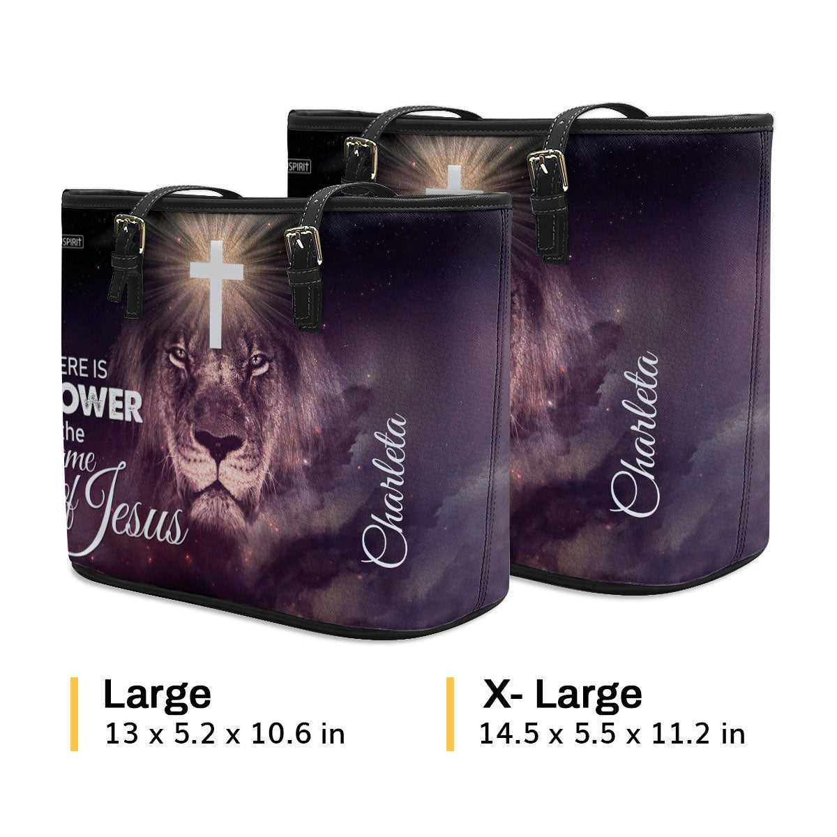 Special Personalized Lion Large Leather Tote Bag - There Is Power In The Name Of Jesus H01