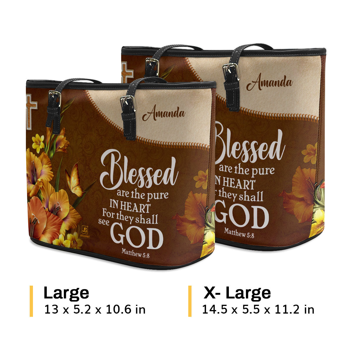 Jesuspirit | Matthew 5:8 | Blessed Are The Pure In Heart | Personalized Large Leather Tote Bag | Flower And Butterfly LLTBHN609