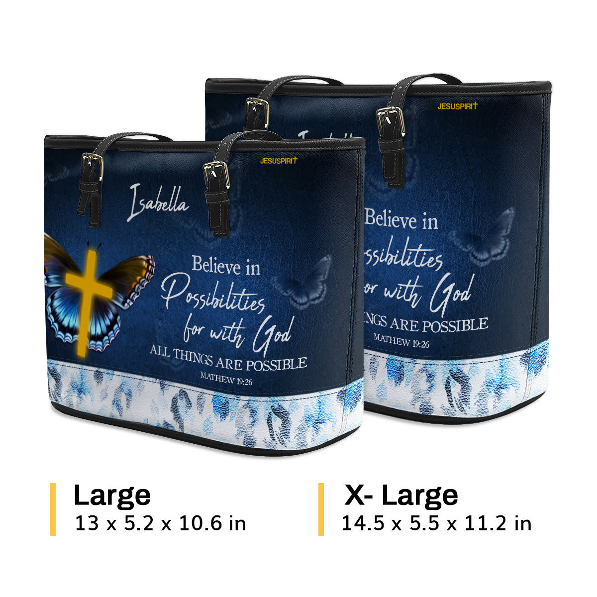 Jesuspirit | Personalized Large Leather Tote Bag With Long Strap | Matthew 19:26 | Christian Gifts For Religious Women | With God All Things Are Possible LLTBHN668