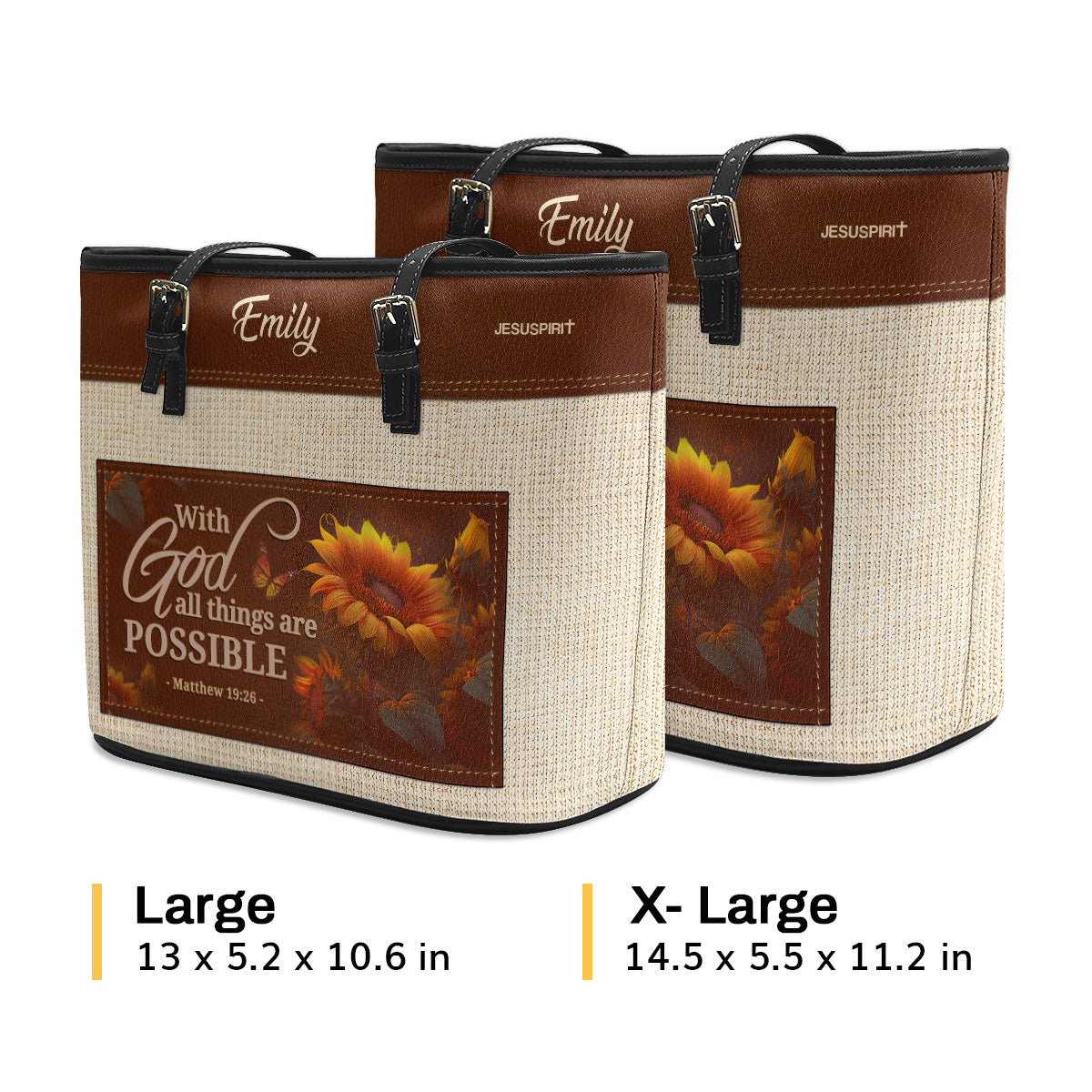 Jesuspirit | Matthew 19:26 | With God All Things Are Possible | Personalized Large Leather Tote Bag With Long Strap | Gift For Female Pastors LLTBM802