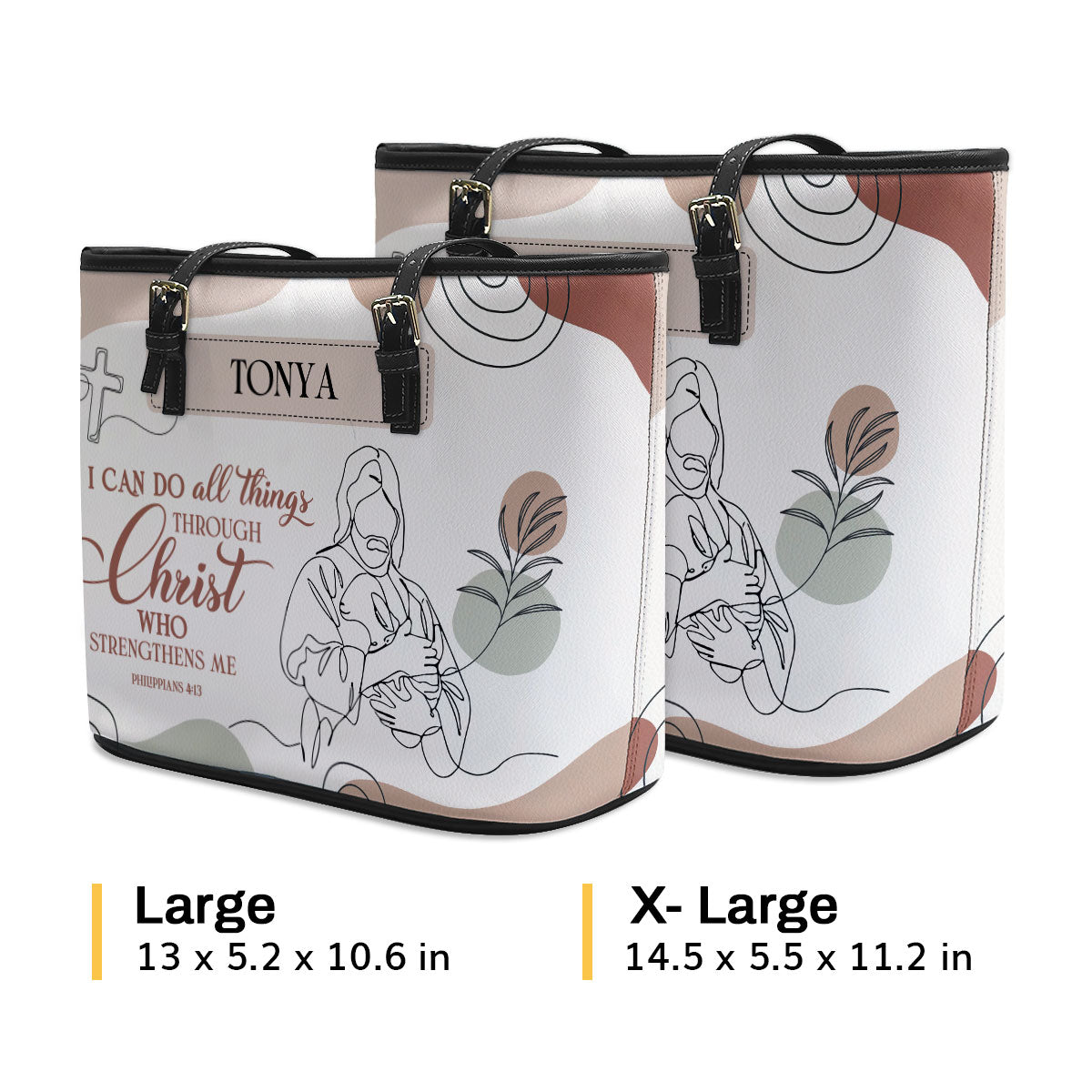 Jesuspirit | Religious Gift For Christian Ladies | Personalized Large Leather Tote Bag With Shoulder Strap | Philippians 4:13 | I Can Do All Things Through Christ LLTBM805