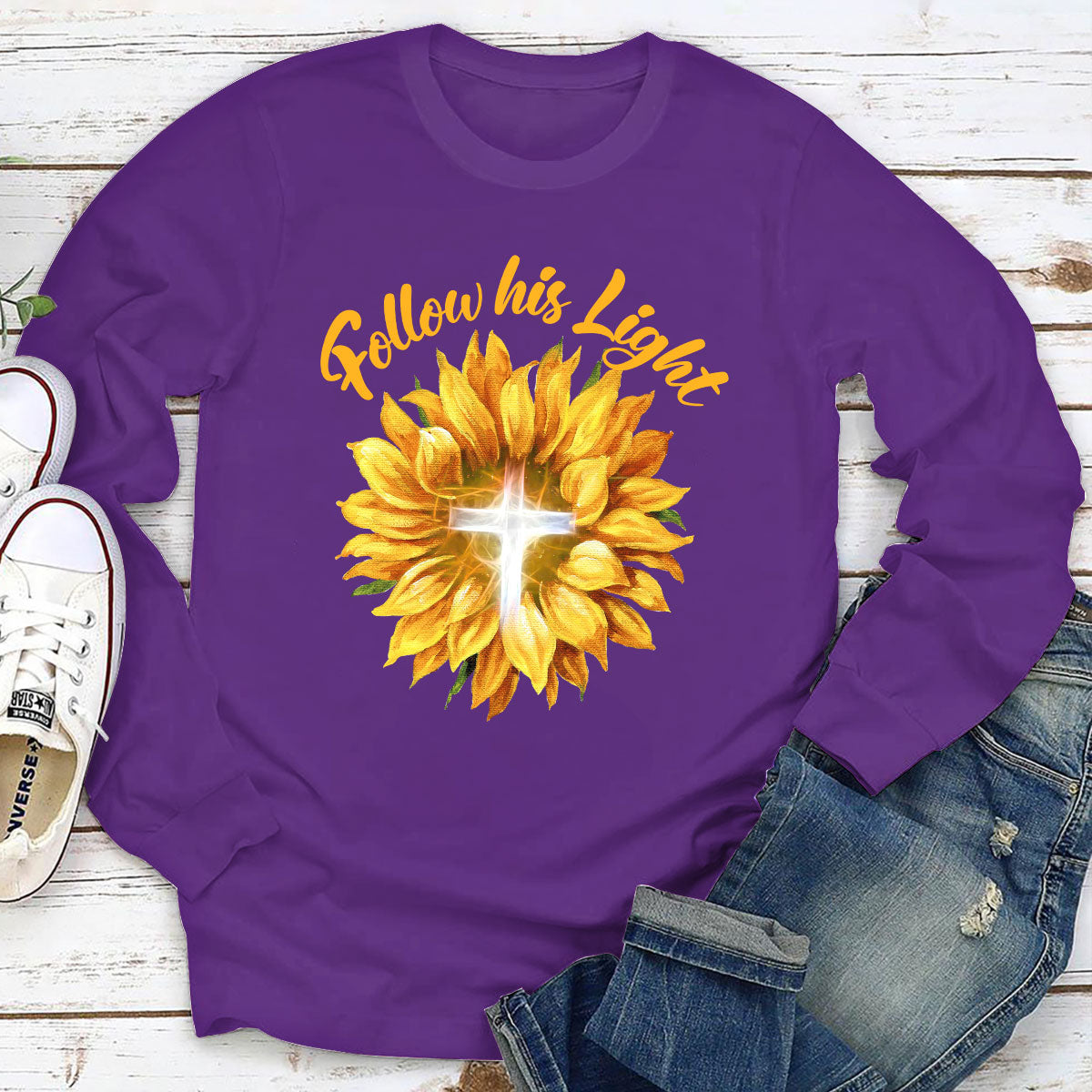 Jesuspirit | Best Gifts For Christian Friends | Sunflower & Cross | Follow His Light | Unisex Long Sleeve 2DLSH763