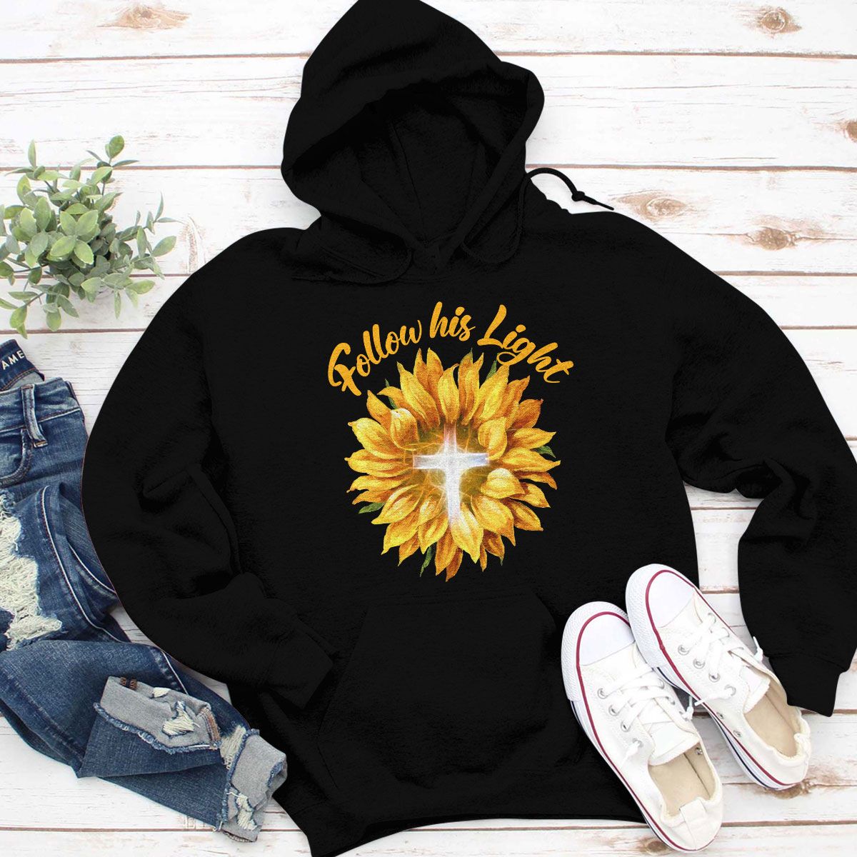 Jesuspirit Christian Unisex Hoodie | Sunflower And Cross | Follow His Light | Spiritual Gifts For Christians 2DUH763