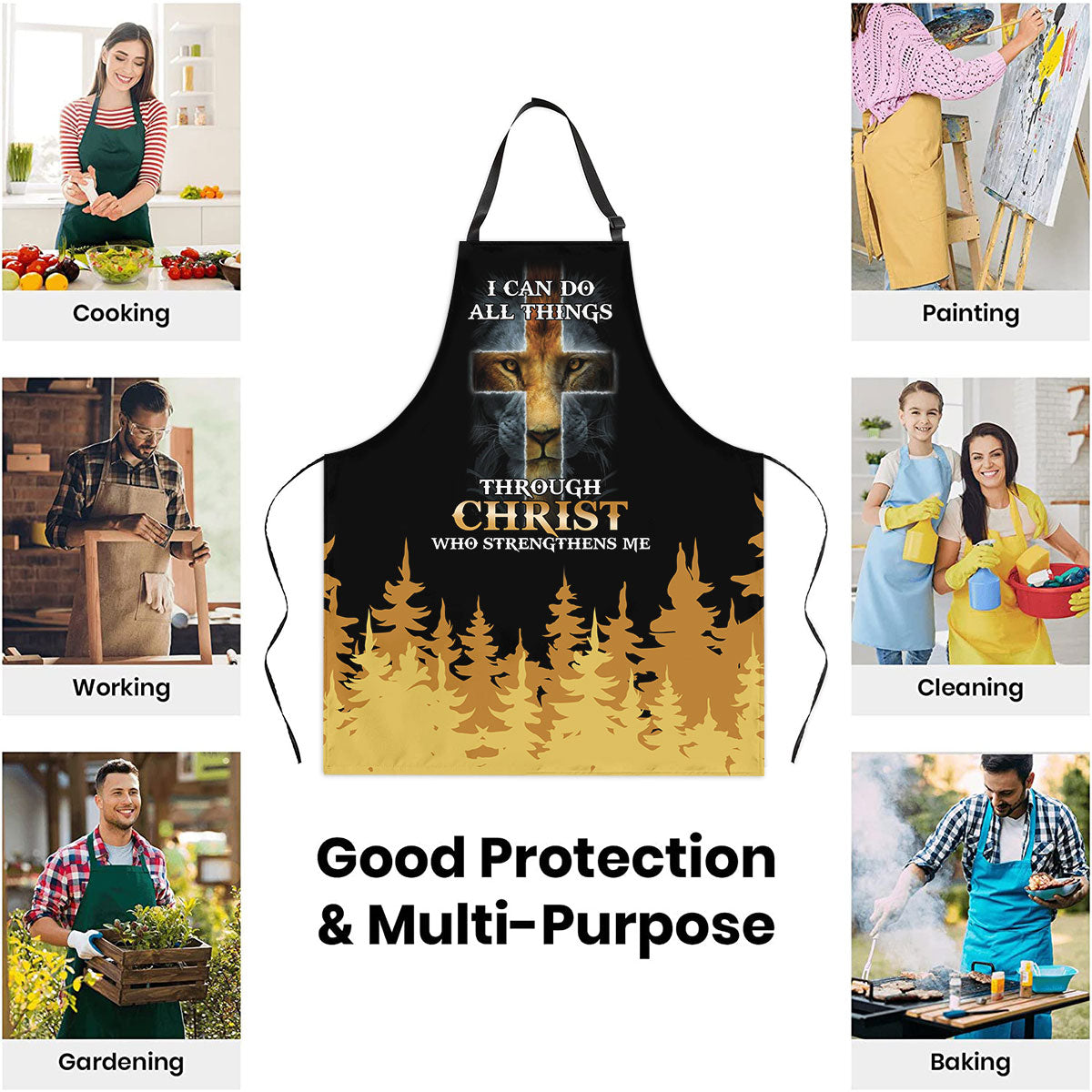 Jesuspirit | Philippians 4:13 | I Can Do All Things Through Christ | Lion And Cross | Personalized Apron With Tie Back Closure HN114