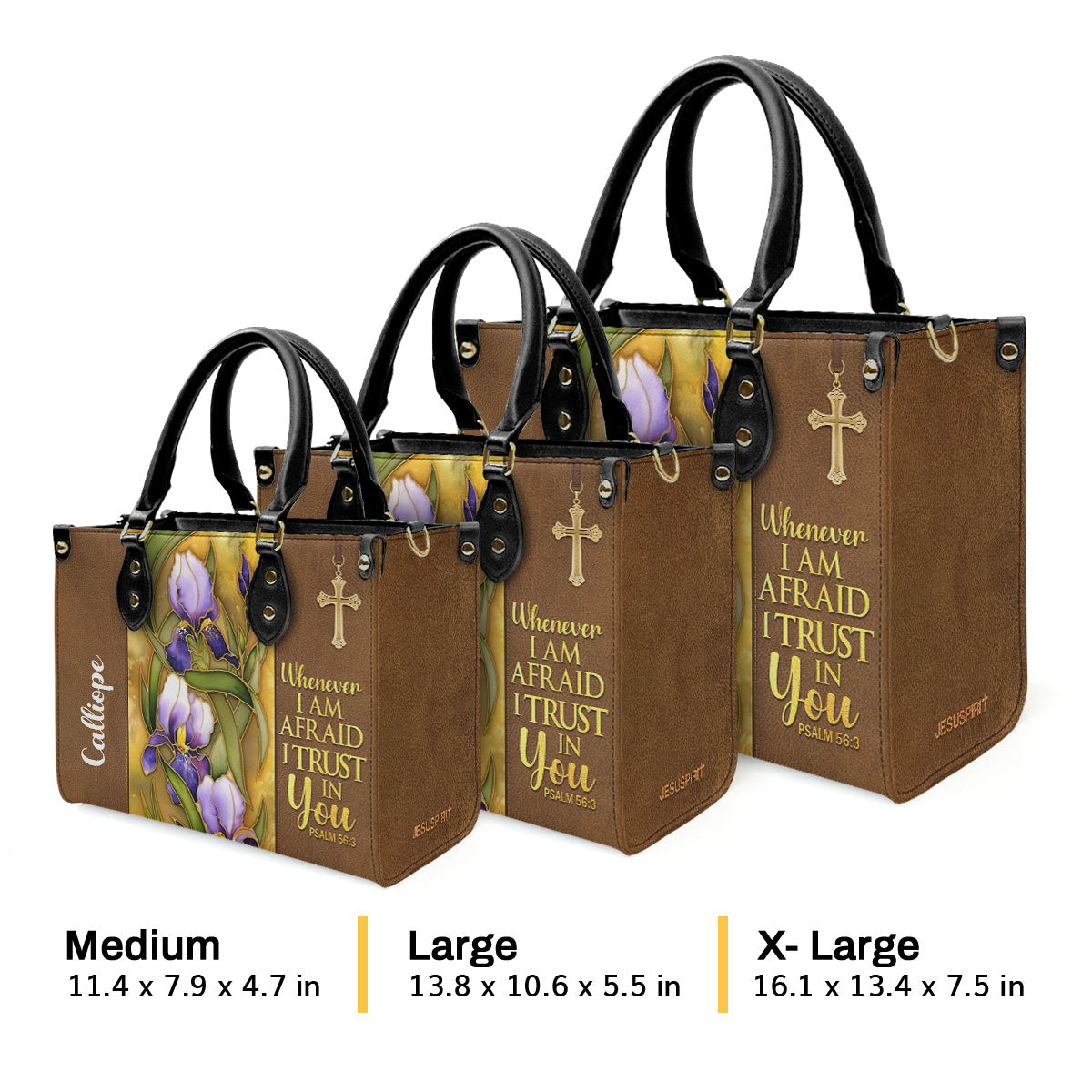 Jesuspirit | Flower And Cross | Whenever I Am Afraid, I Trust In You | Psalm 56:3 | Personalized Leather Handbag LHBH602