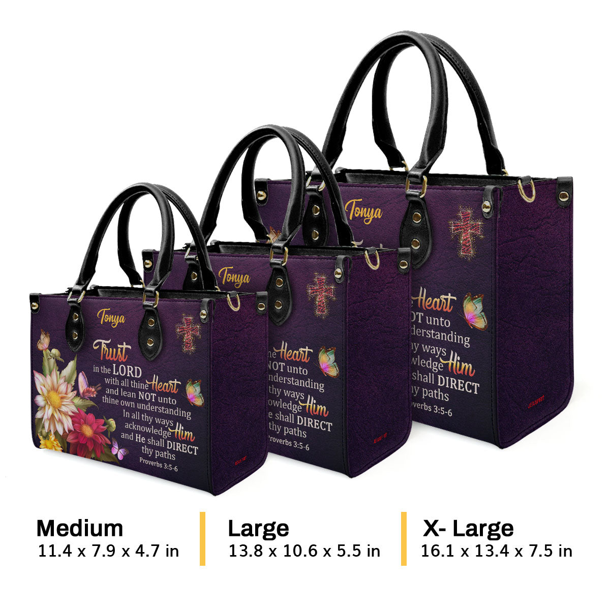 Jesuspirit | Proverbs 3:5-6 | Trust In The Lord With All Thine Heart | Flower And Cross | Personalized Leather Handbag LHBM677