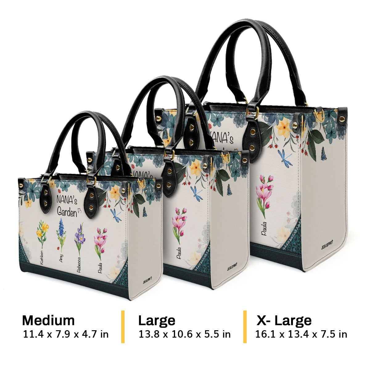 Grandma's Garden | Personalized Leather Handbag With Zipper LHBHN04