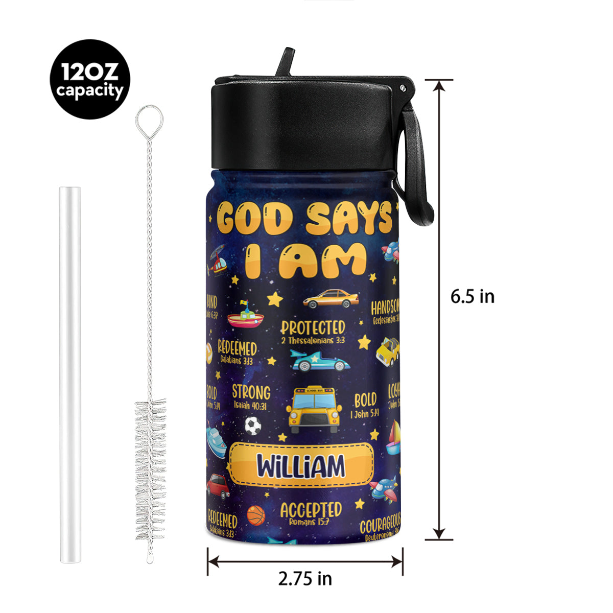 God Says I Am | Personalized Kids Stainless Steel Water Bottle