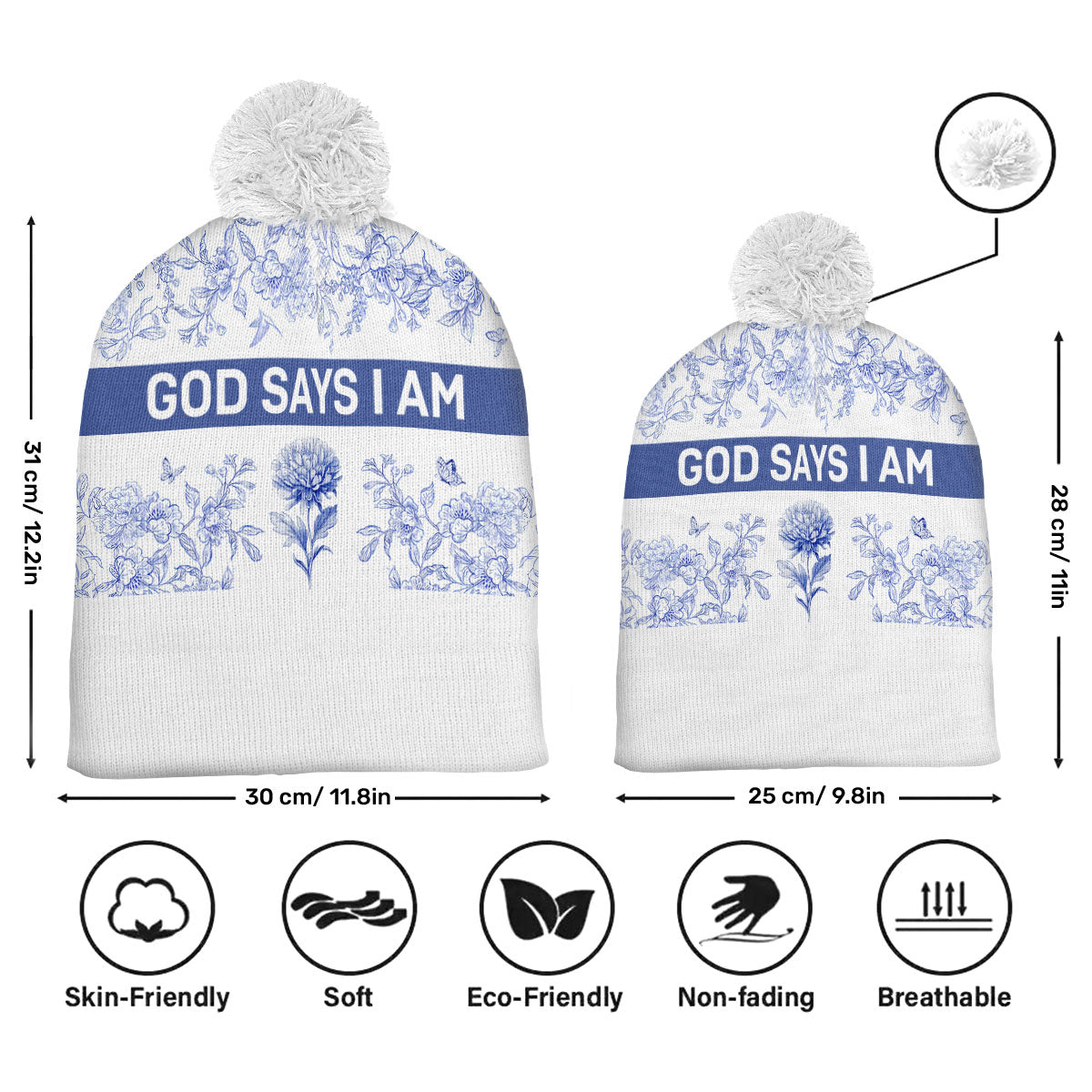 God Says I Am Toile De Jouy Style | Personalized Bobble Beanie Hat