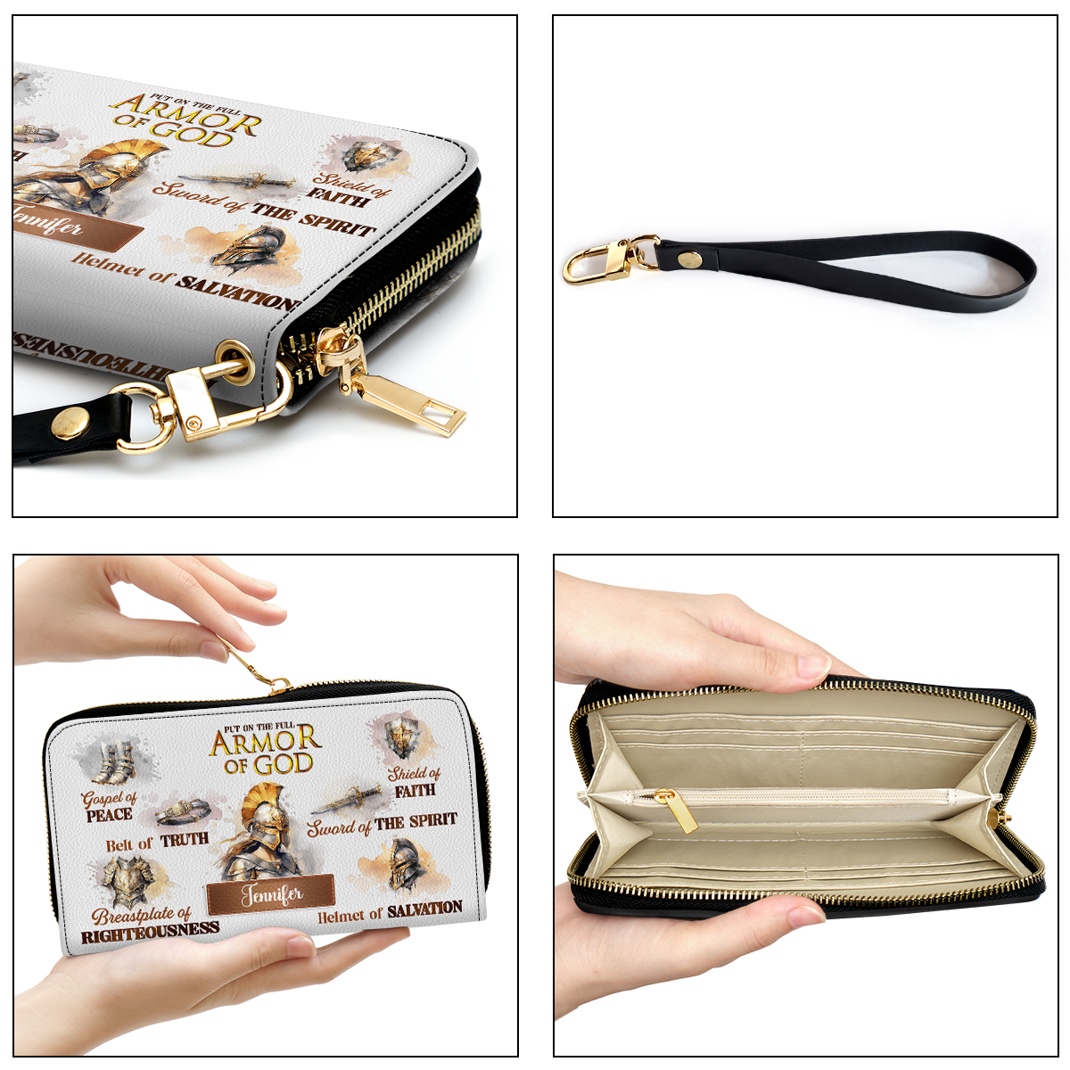 Personalized Leather Clutch Purse With Wristlet Strap Handle - Armor Of God