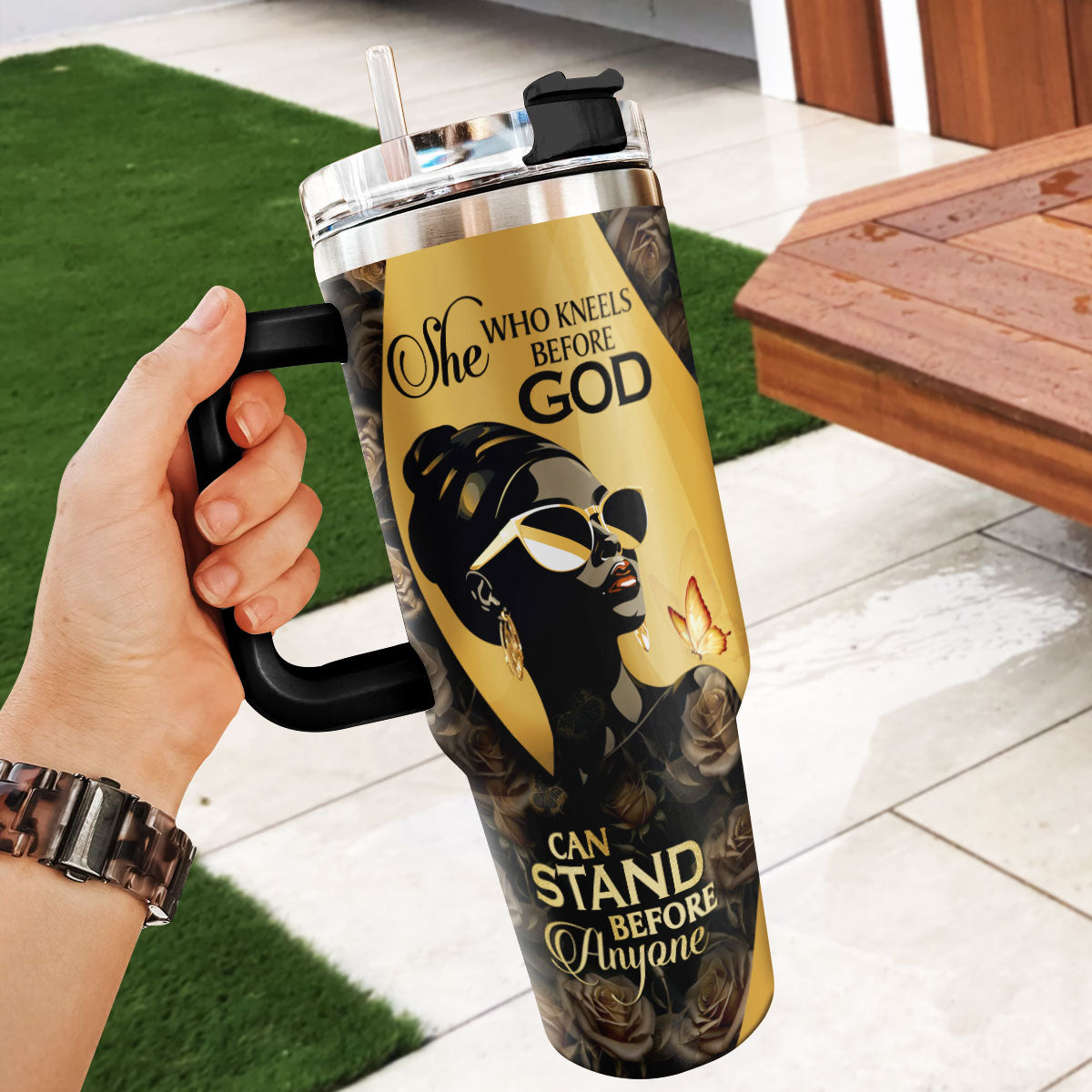 She Who Kneels Before God Can Stand Before Anyone | Personalized Stainless Steel Tumbler