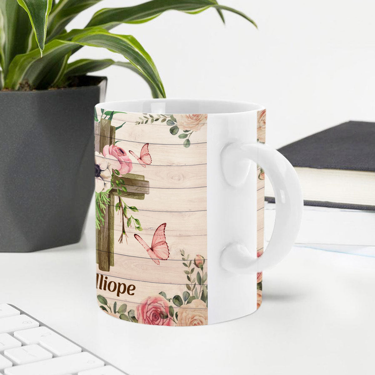 Jesuspirit | I Will Bless The Lord At All Times | Psalm 34:1 | Personalized White Ceramic Mug | Cross & Butterfly H28