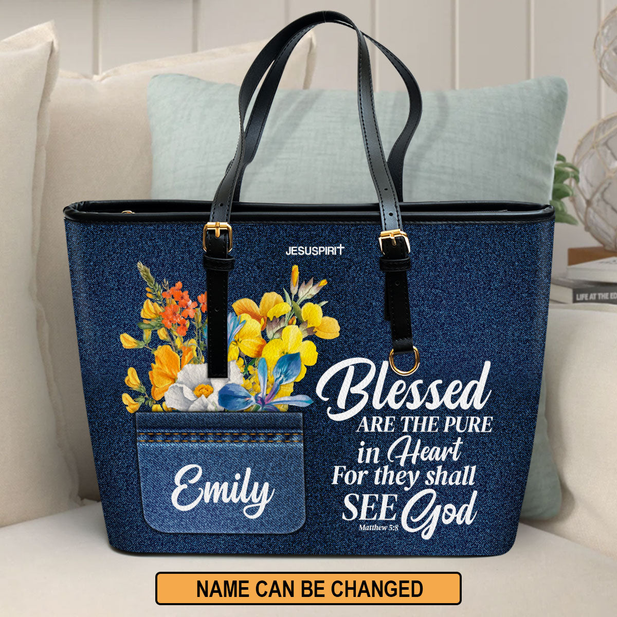 Jesuspirit Personalized Large Leather Tote Bag with Long Strap | Faith Gifts for Christ Women | Blessed Are The Pure in Heart | Matthew 5:8 |