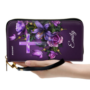 Jesuspirit | Christian Spiritual Gifts For Religious Women | Personalized Purple Zippered Leather Clutch Purse | Mark 11:24 | Believe That You Have Received It NUH485H