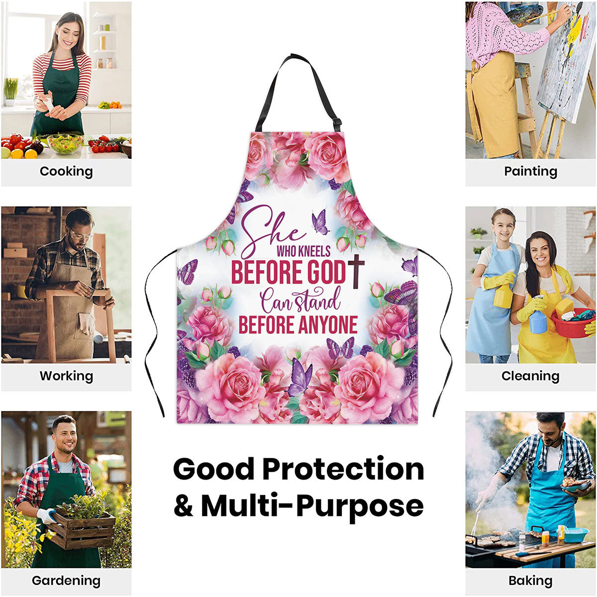 Jesuspirit | Rose And Cross | She Who Kneels Before God Can Stand Before Anyone | Beautiful Apron With Neck Strap AHM26