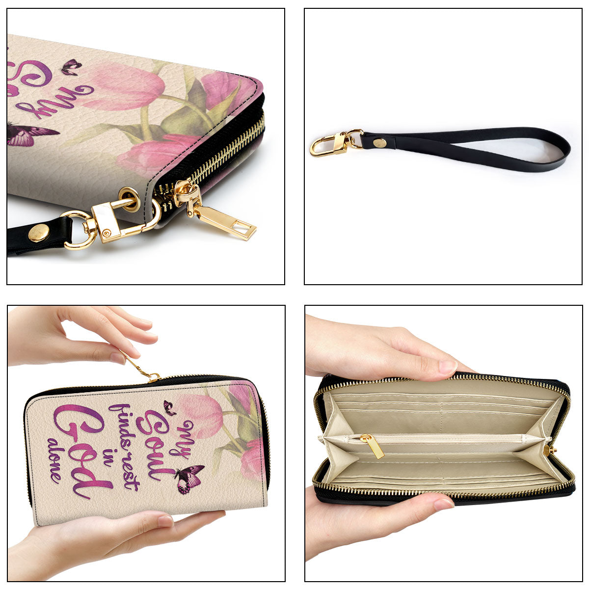 Jesuspirit | Spiritual Gift Of Faith For Women | Personalized Zippered Leather Clutch Purse | Tulip And Butterfly CPHN654B
