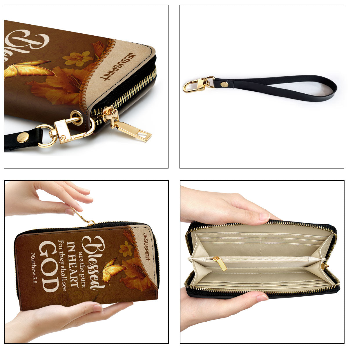 Jesuspirit | Matthew 5:8 | Blessed Are The Pure In Heart | Gifts For Christian Women | Personalized Zippered Leather Clutch Purse CPHN609B