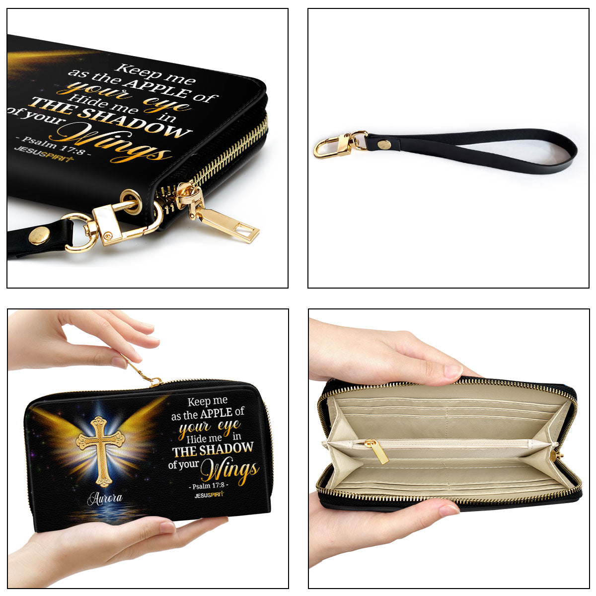 Jesuspirit | Personalized Zippered Leather Clutch Purse With Wristlet Strap Handle | Psalm 17:8 | Scripture Gifts For Christian Women CPH779