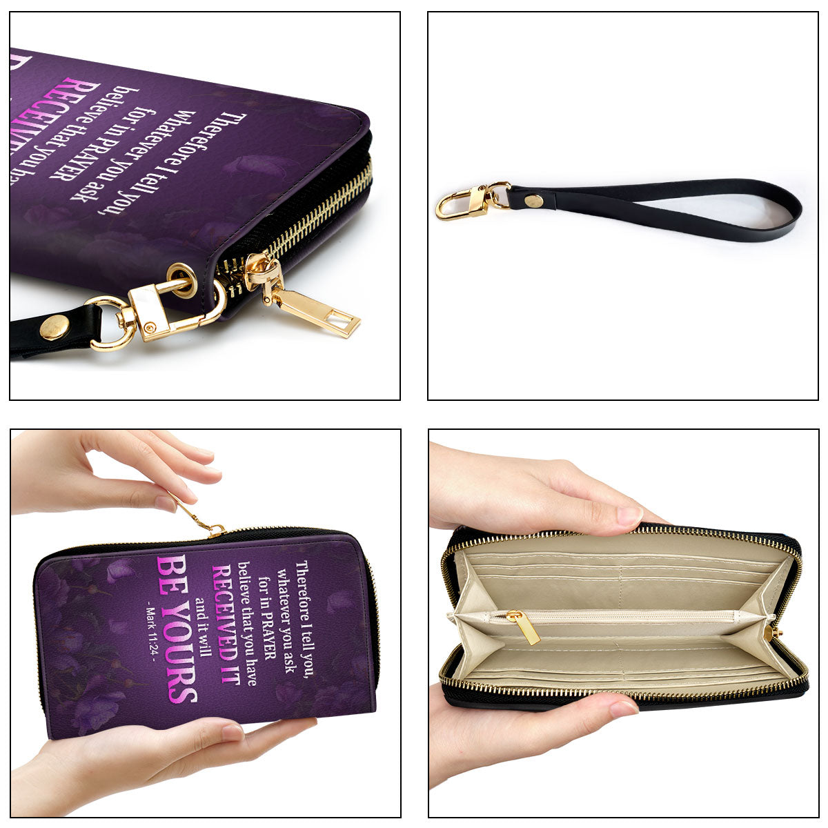 Jesuspirit | Christian Spiritual Gifts For Religious Women | Personalized Purple Zippered Leather Clutch Purse | Mark 11:24 | Believe That You Have Received It NUH485H