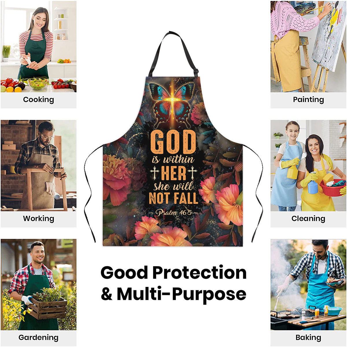 Jesuspirit | God Is Within Her, She Will Not Fall | Cross And Butterfly | Psalm 46:5 | Stunning Apron With Neck Strap AHM19