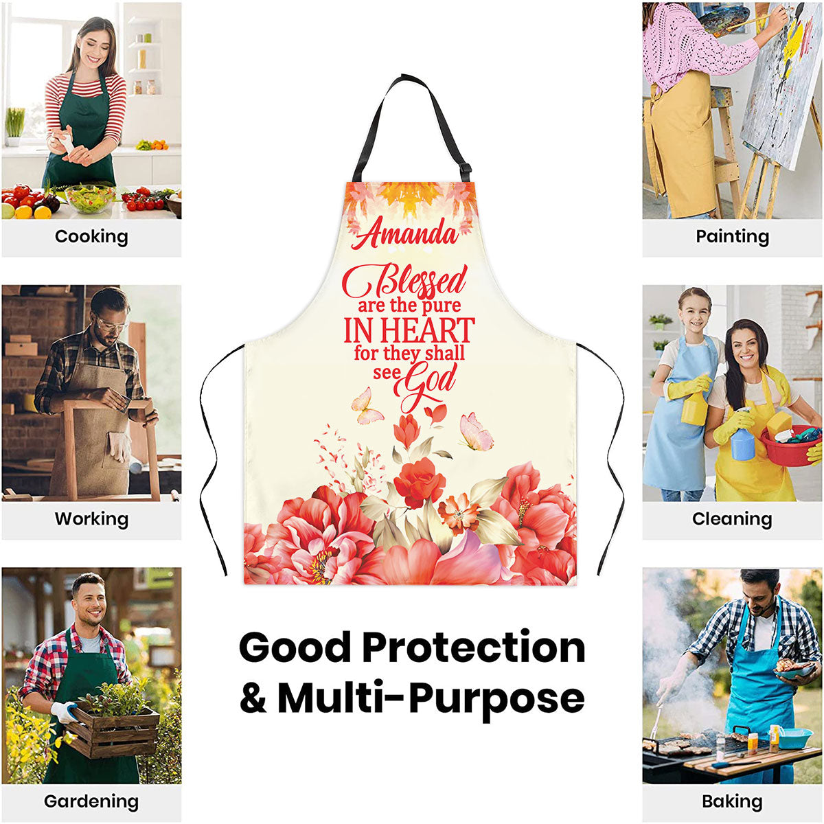 Jesuspirit | Blessed Are The Pure In Heart | Flower And Butterfly | Matthew 5:8 | Personalized Apron With Neck Strap APRM652