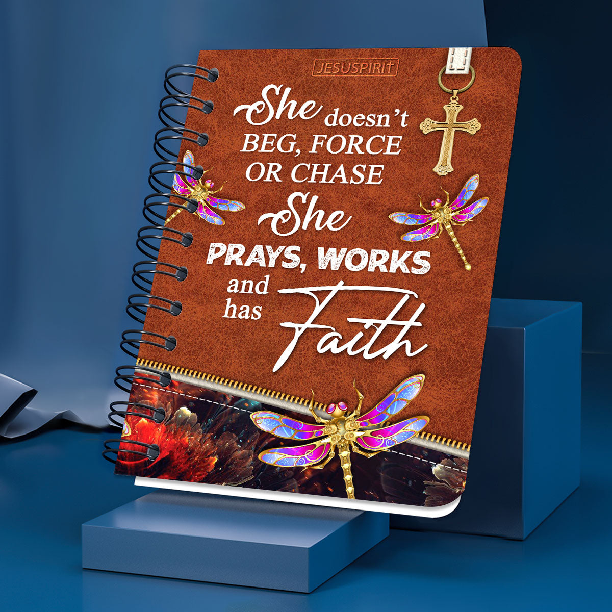 She Prays, Works, And Has Faith - Pretty Personalized Dragonfly Spiral Journal NUH274