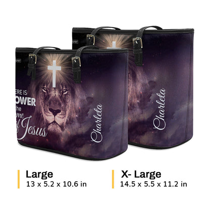 Special Personalized Lion Large Leather Tote Bag - There Is Power In The Name Of Jesus H01