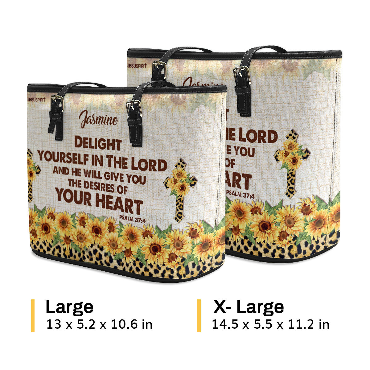 Jesuspirit | Delight Yourself In The Lord | Psalm 37:4 | Sunflower And Cross | Personalized Large Leather Tote Bag HN152