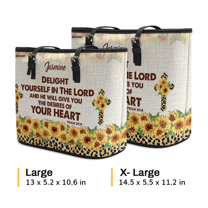 Jesuspirit | Delight Yourself In The Lord | Psalm 37:4 | Sunflower And Cross | Personalized Large Leather Tote Bag HN152