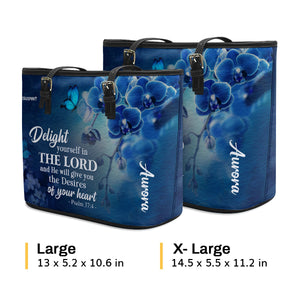 Jesuspirit | Delight Yourself In The Lord | Psalm 37:4 | Blue Orchids And Lilac | Personalized Large Leather Tote Bag LLTBH47