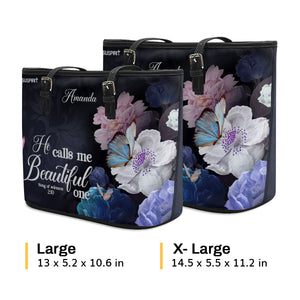 Jesuspirit | Solomon 2:10 | He Calls Me Beautiful One | Personalized Large Leather Tote Bag | Flower And Butterfly LLTBHN645