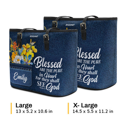 Jesuspirit | Personalized Large Leather Tote Bag With Long Strap | Faith Gifts For Christ Women | Blessed Are The Pure In Heart | Matthew 5:8 LLTBHB677