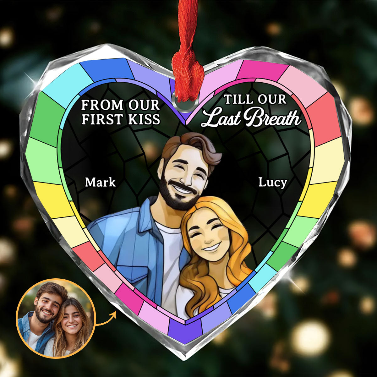 From Our First Kiss Till Our Last Breath | Personalized Heart Shaped Glass Ornament JSHGOPT2217M