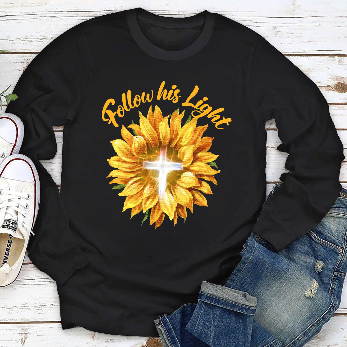 Jesuspirit | Best Gifts For Christian Friends | Sunflower & Cross | Follow His Light | Unisex Long Sleeve 2DLSH763