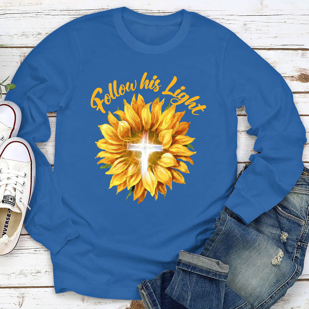 Jesuspirit | Best Gifts For Christian Friends | Sunflower & Cross | Follow His Light | Unisex Long Sleeve 2DLSH763
