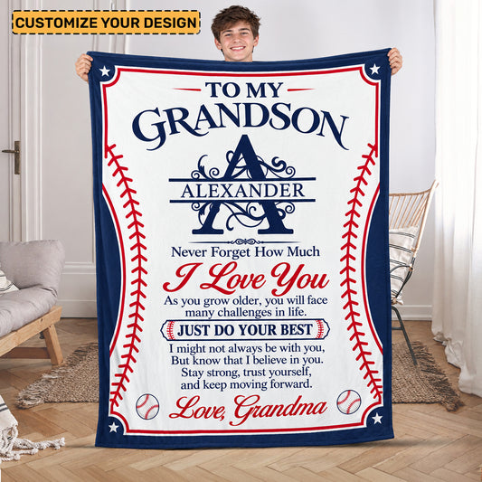 To My Grandson Never Forget How Much I Love You Baseball | Personalized Fleece Blanket