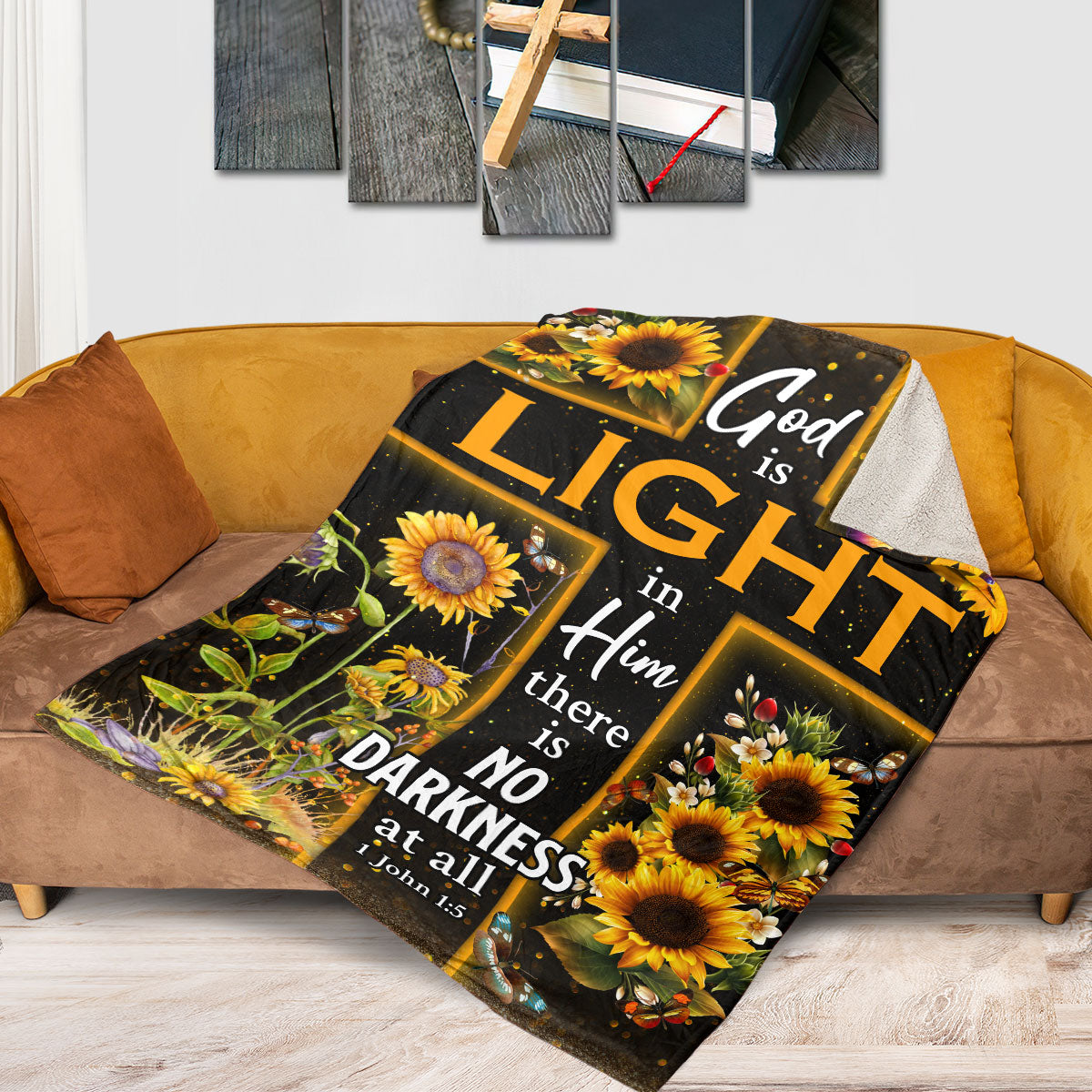 God Is Light In Him - Lovely Cross And Sunflower Fleece Blanket AA189