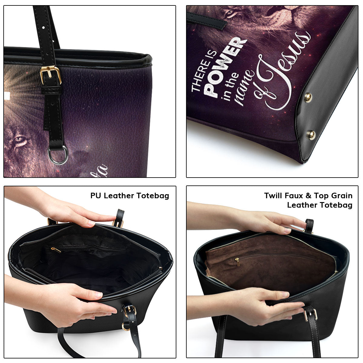 Special Personalized Lion Large Leather Tote Bag - There Is Power In The Name Of Jesus H01