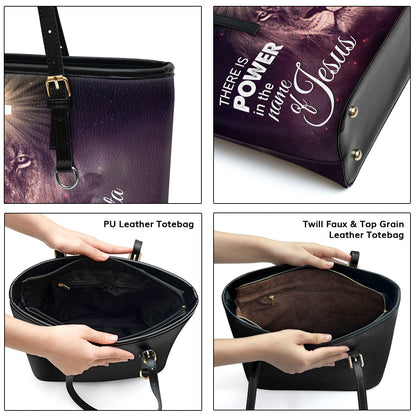 Special Personalized Lion Large Leather Tote Bag - There Is Power In The Name Of Jesus H01