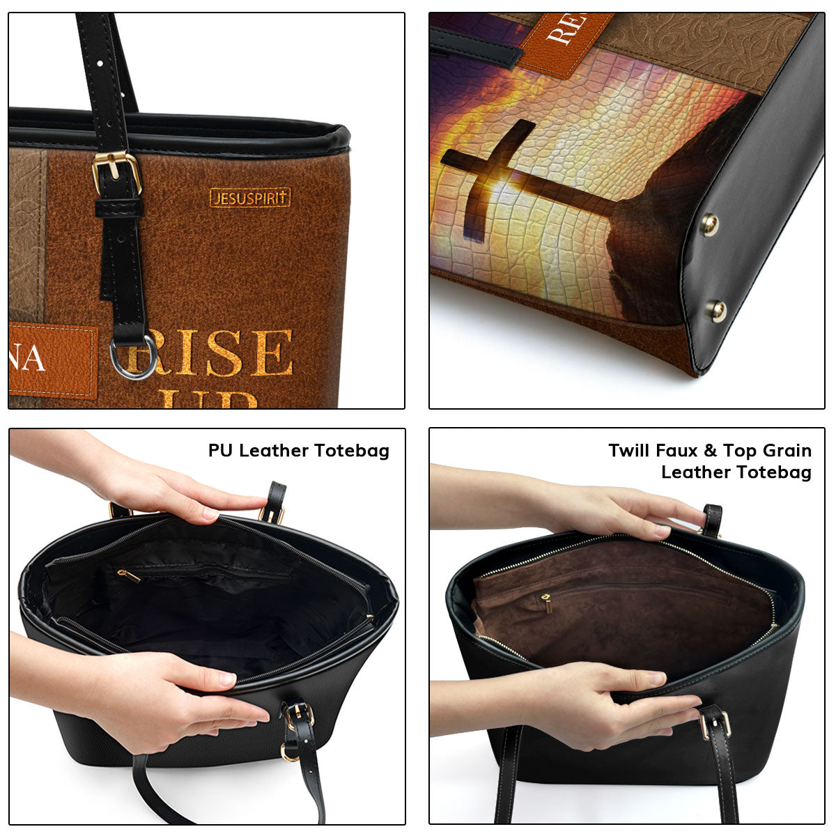 Rise Up And Pray - Unique Personalized Cross Large Leather Tote Bag H10