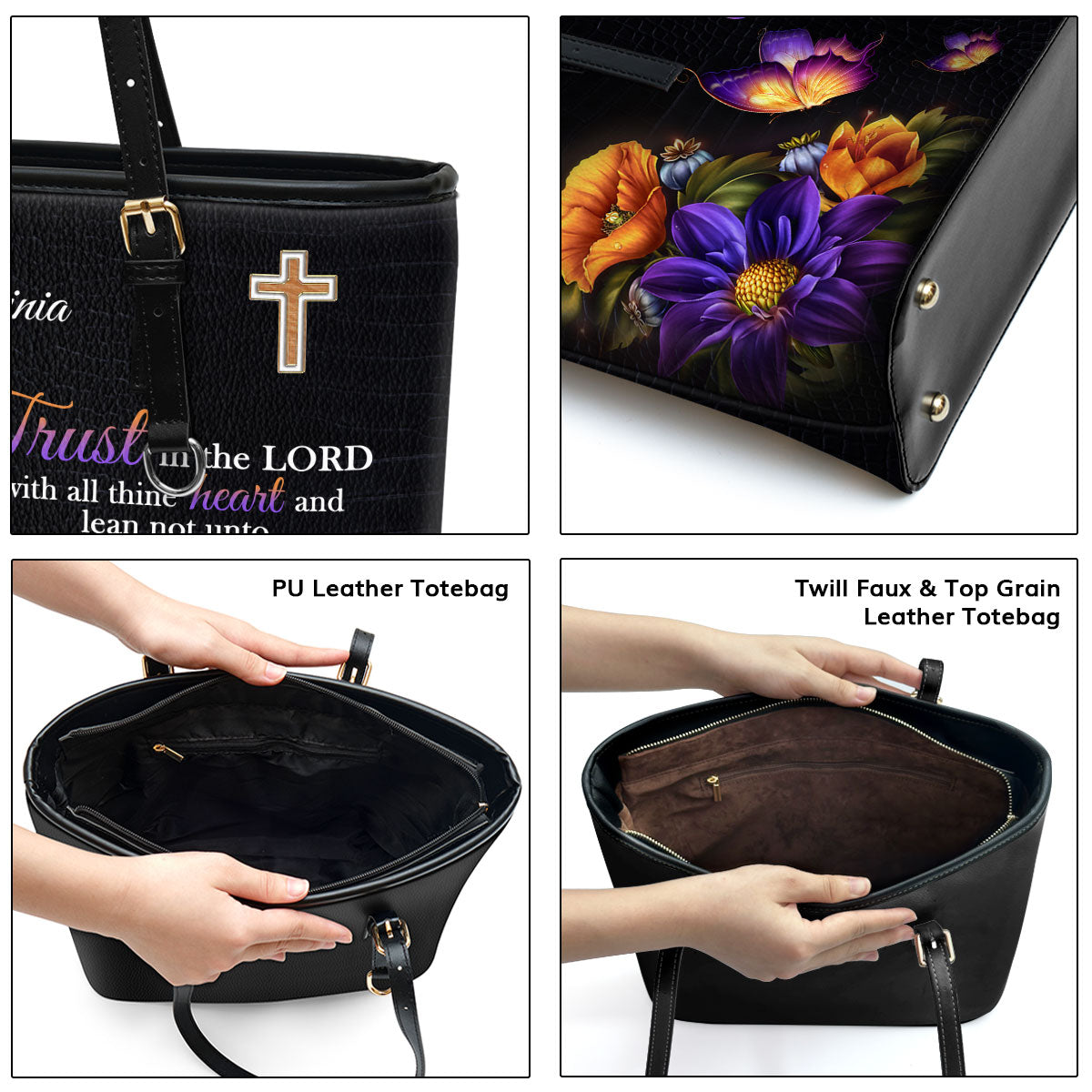 Jesuspirit Personalized Large Leather Tote Bag | Gift For Her | Zippered Leather Bible Bag With Long Strap H22