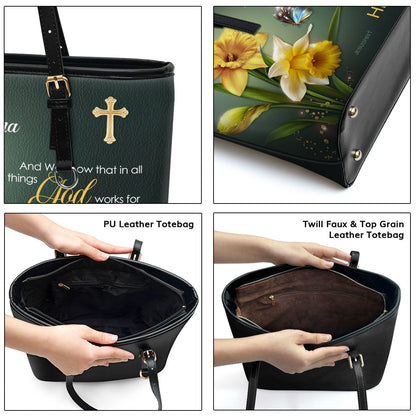 Jesuspirit | Romans 8:28 | Spiritual Gifts For Christian Women | Personalized Large Leather Tote Bag With Long Strap LLTBH741