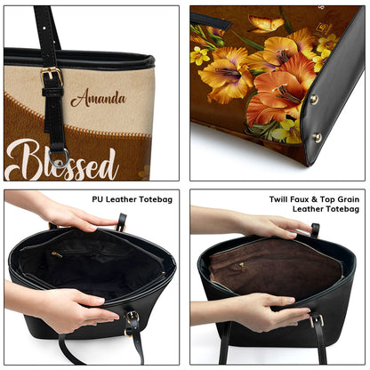Jesuspirit | Matthew 5:8 | Blessed Are The Pure In Heart | Personalized Large Leather Tote Bag | Flower And Butterfly LLTBHN609