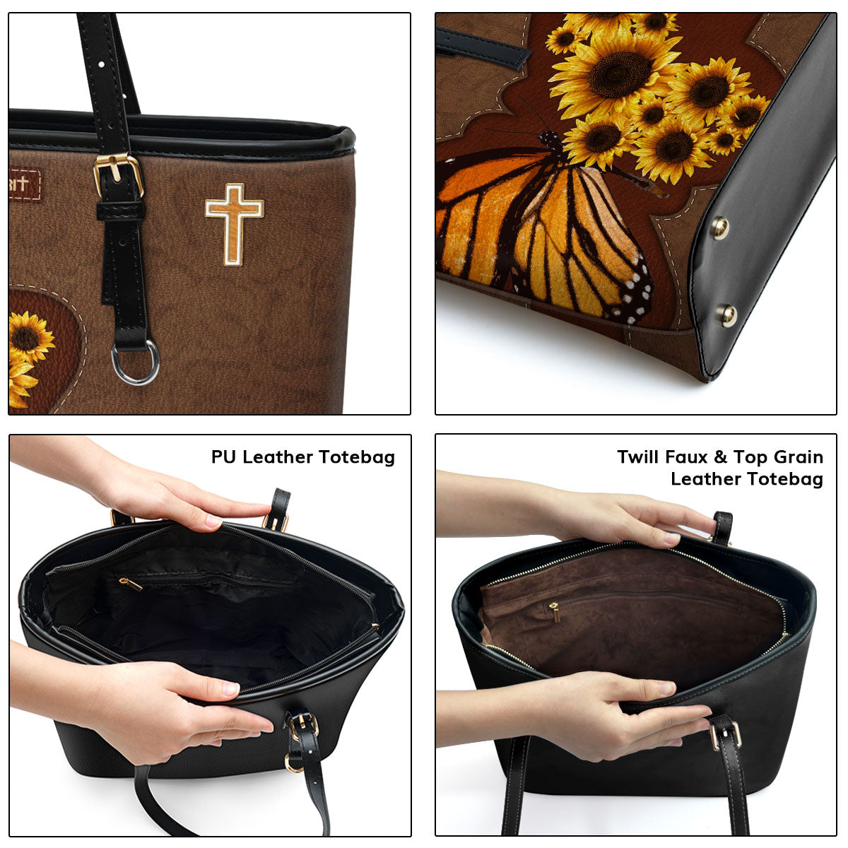 Jesuspirit | Sunflower And Butterfly | Personalized Large Leather Tote Bag With Long Strap | Spiritual Gifts For Women of God LLTBHN653