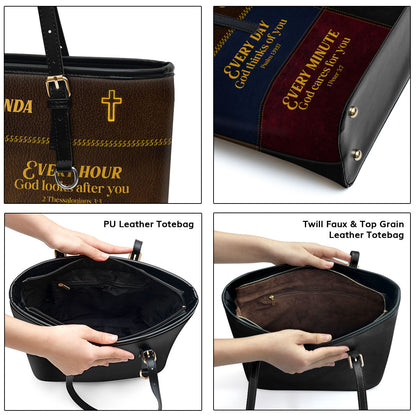 Jesuspirit | Religious Gifts For Women Of God | Personalized Large Leather Tote Bag With Long Strap | Every Hour God Looks After You LLTBHN655