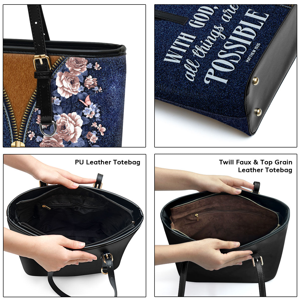 Jesuspirit | With God All Things Are Possible | Matthew 19:26 | Large Leather Tote Bag With Long Strap | Spiritual Gifts For Christian Women LLTBHN673