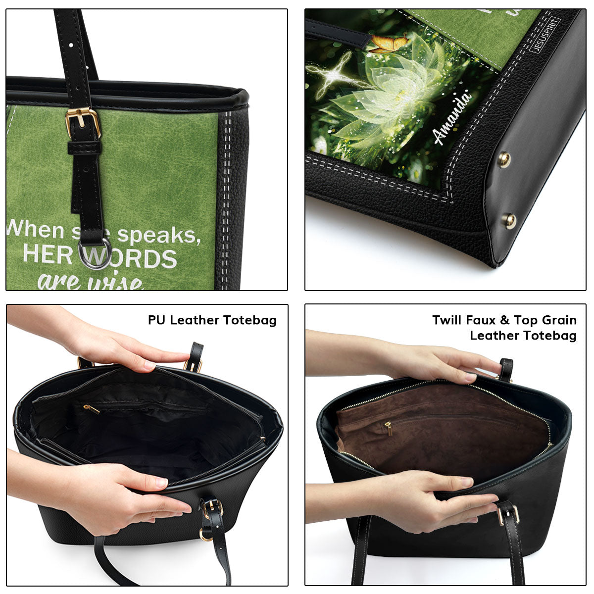 Awesome Personalized Large Leather Tote Bag - When She Speaks, Her Words Are Wise NUHN316
