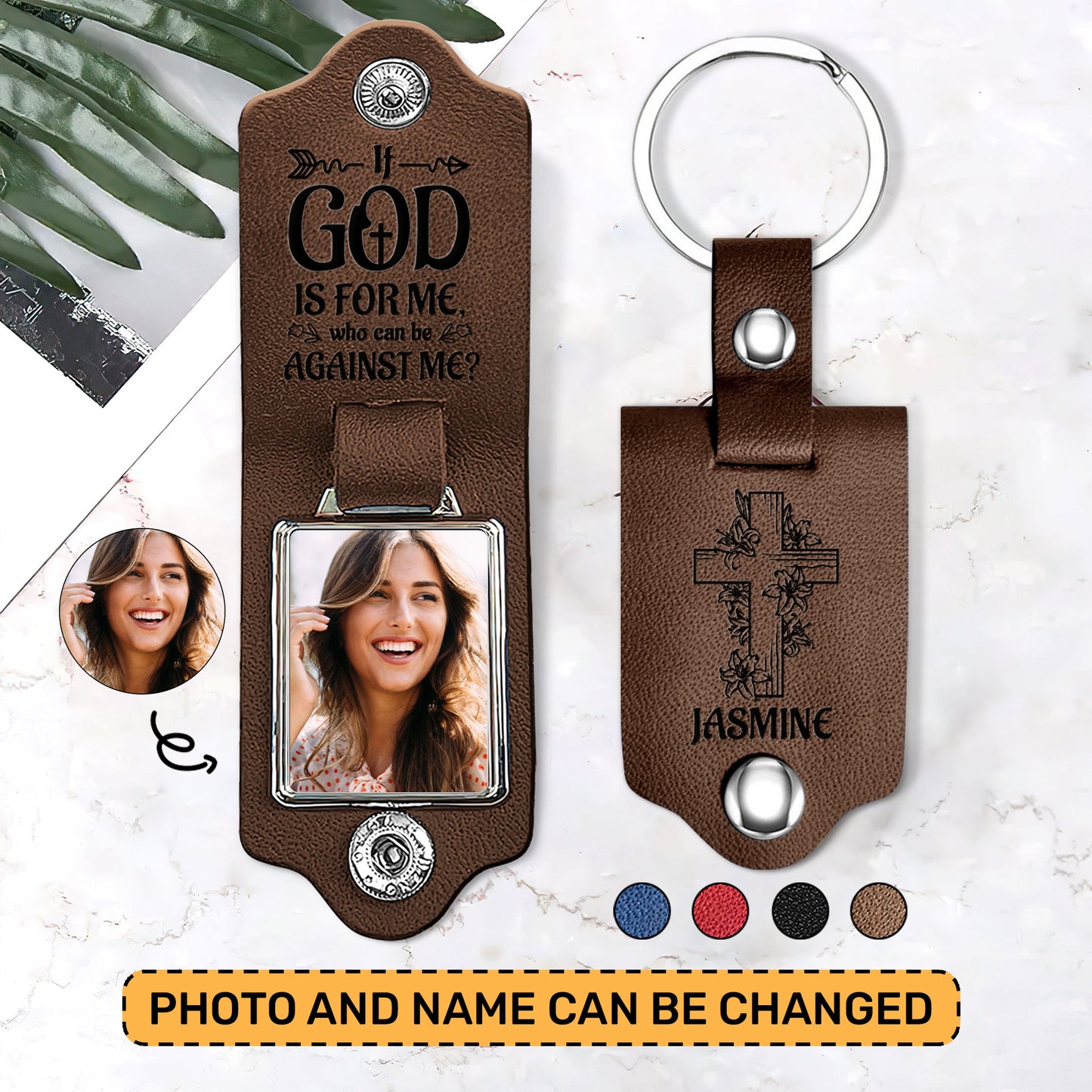 Jesuspirit Personalized Leather Photo Keychain | Who Can Against Me LPKHN06