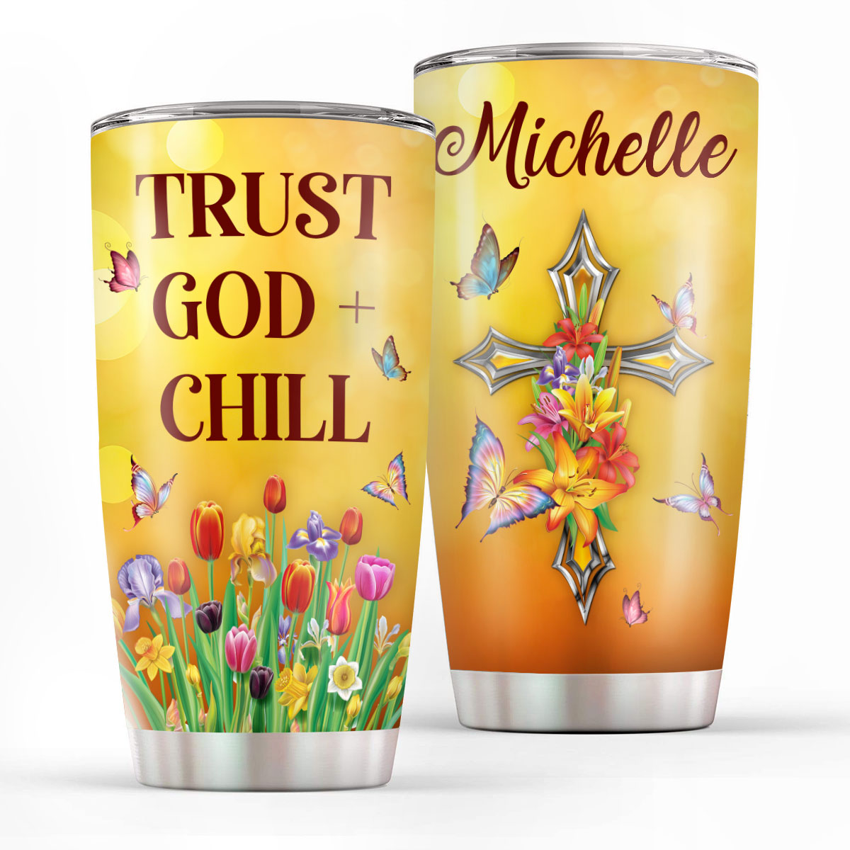 Lovely Personalized Floral Cross Stainless Steel Tumbler 20oz - Trust God And Chill NUA215