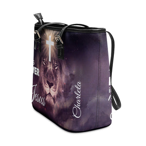 Special Personalized Lion Large Leather Tote Bag - There Is Power In The Name Of Jesus H01